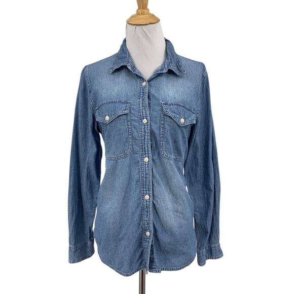 Madewell Shirt Women M Medium Blue Chambray Cotton Denim Button Up Chest Pockets - Picture 1 of 12